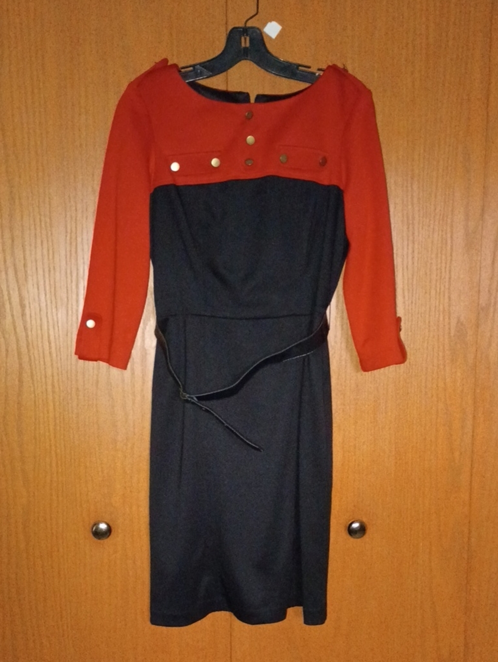 Leslie Fay Red and Black Long-Sleeve Sheath Dress